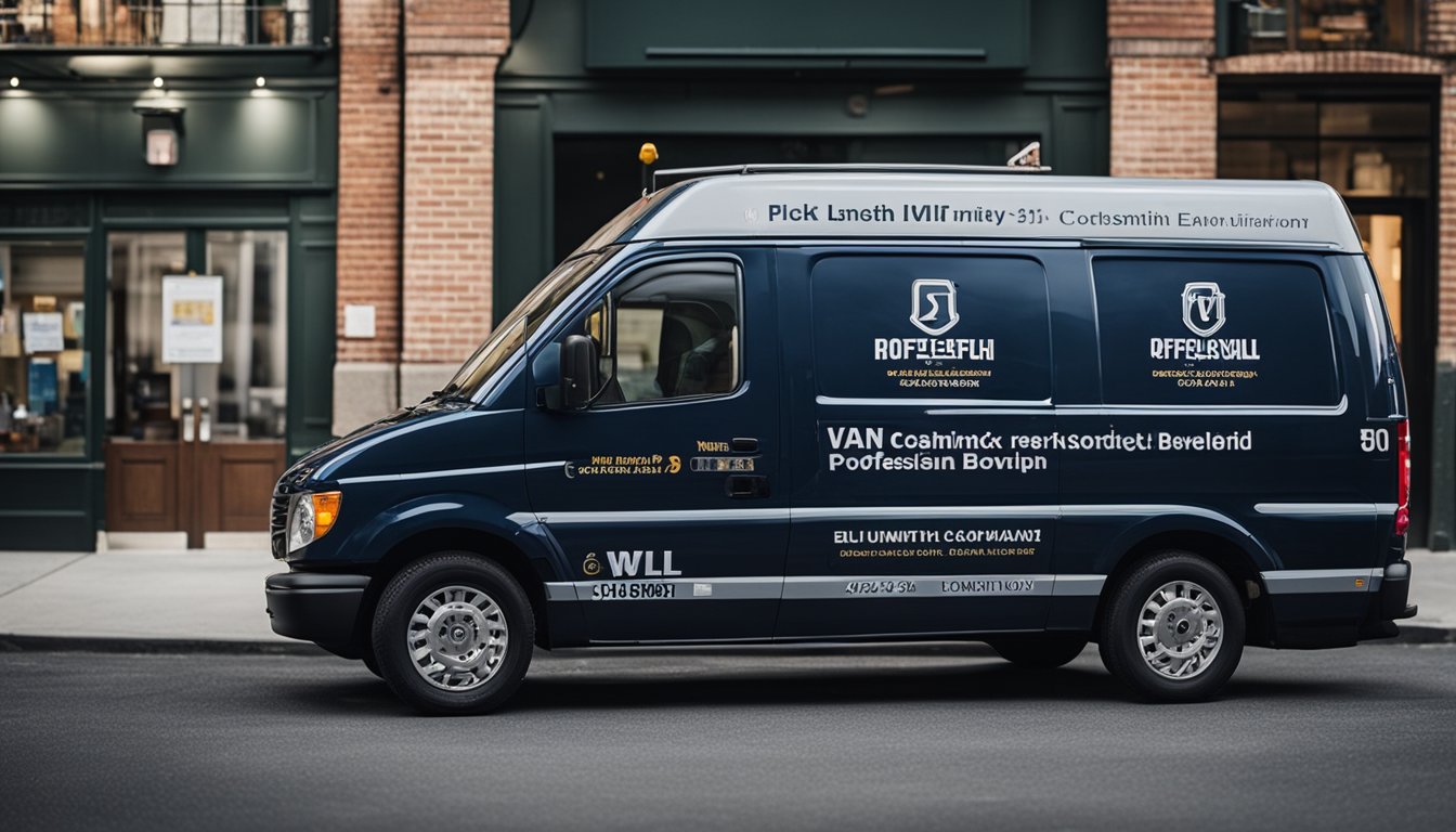 A locksmith van parked in front of a well-maintained storefront, with a professional-looking logo and clear contact information displayed on the vehicle