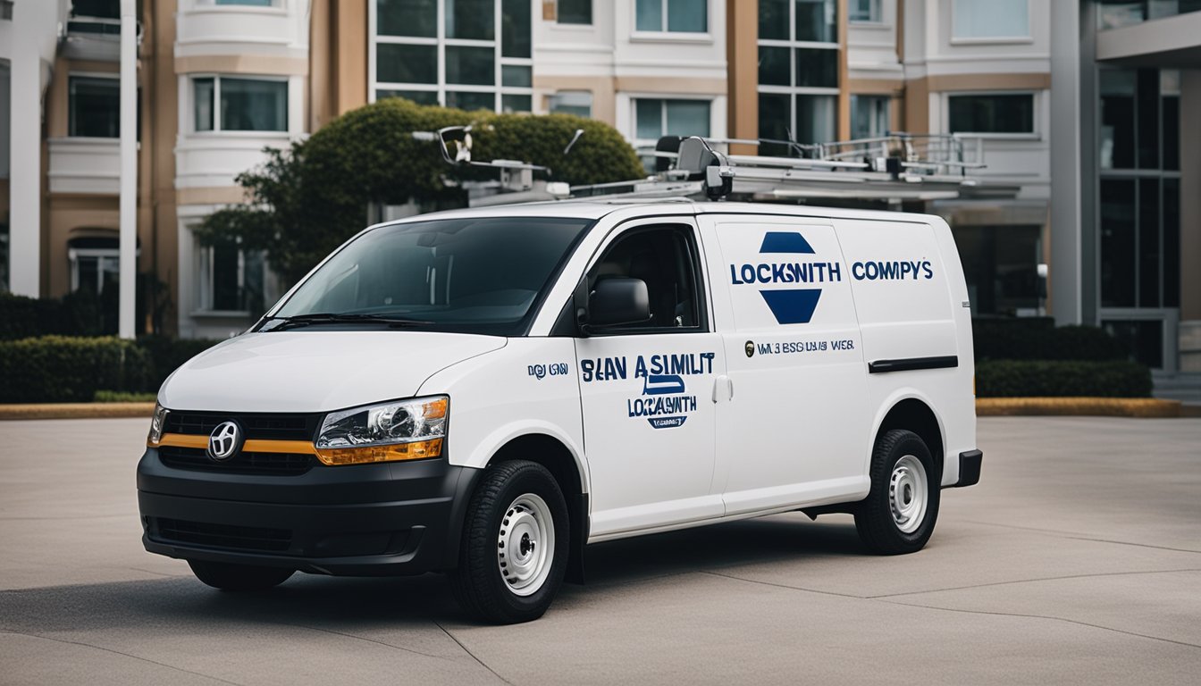 A locksmith van parked outside a residential building, with the locksmith company's logo prominently displayed on the vehicle