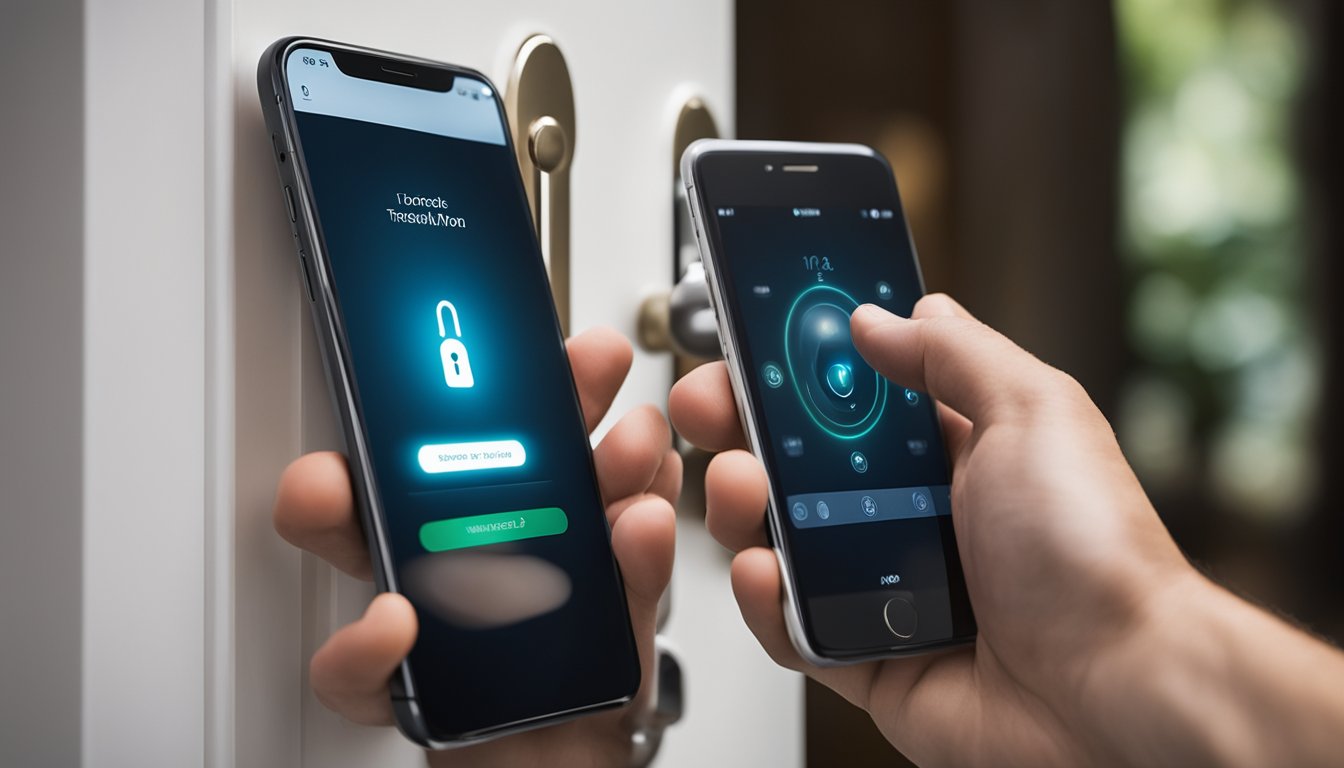 A hand reaching out to a traditional lock on a door, while a smartphone with a smart lock app is held nearby