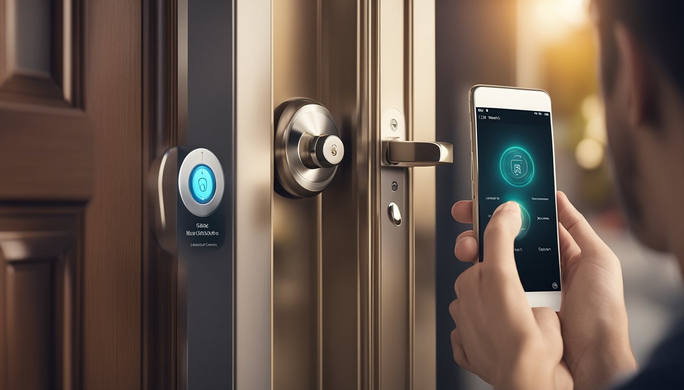 A smart lock being installed on a door, with a smartphone and key nearby. The lock features and benefits are highlighted in the illustration