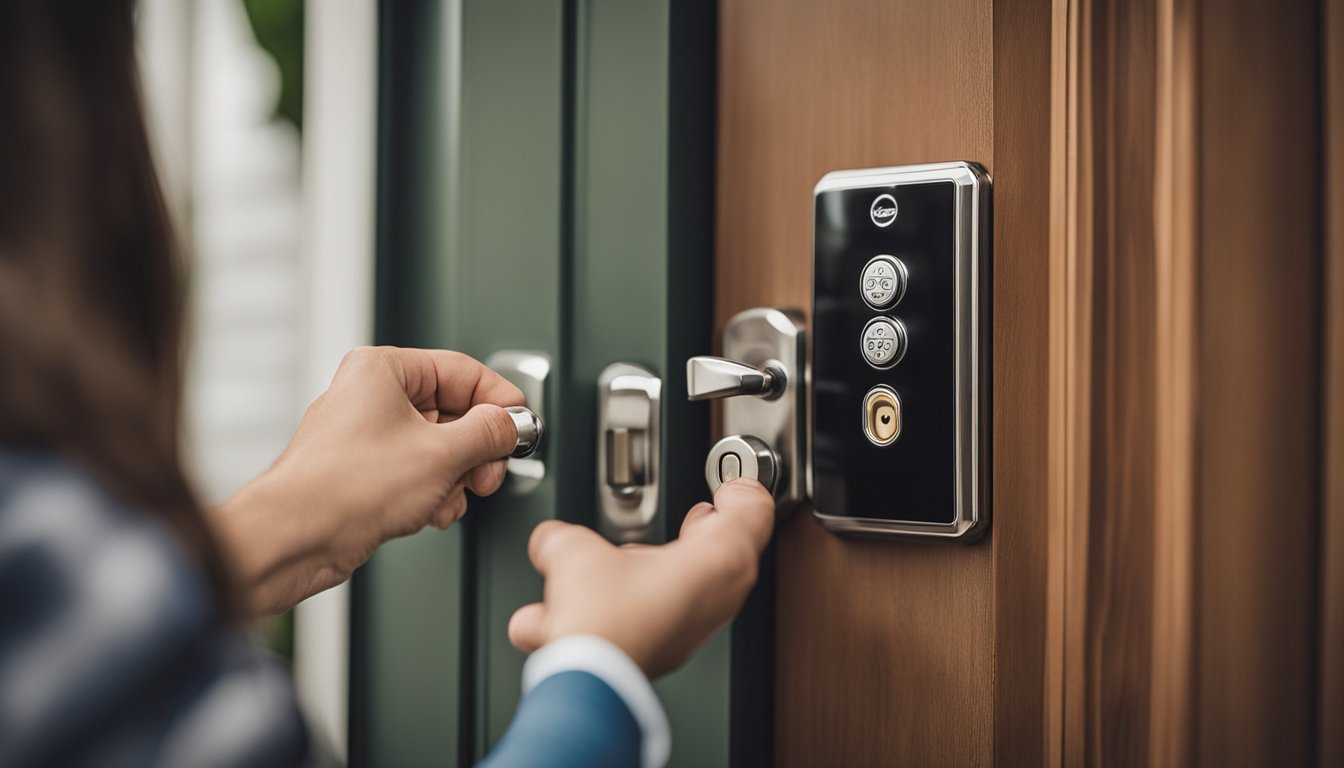 A homeowner comparing traditional locks to smart locks, with a list of key considerations and frequently asked questions displayed