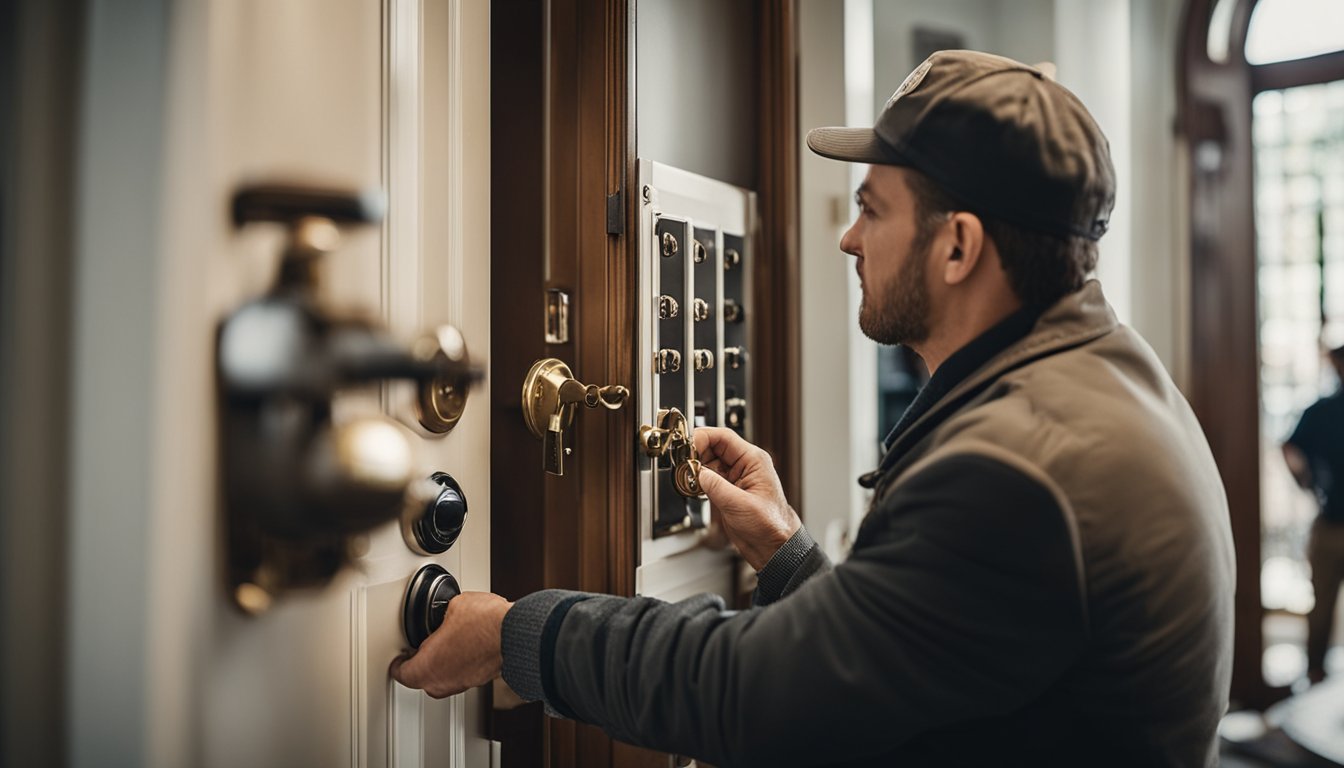 A locksmith demonstrating traditional lock types to a homeowner in an older home, while showcasing modern advances and customization options