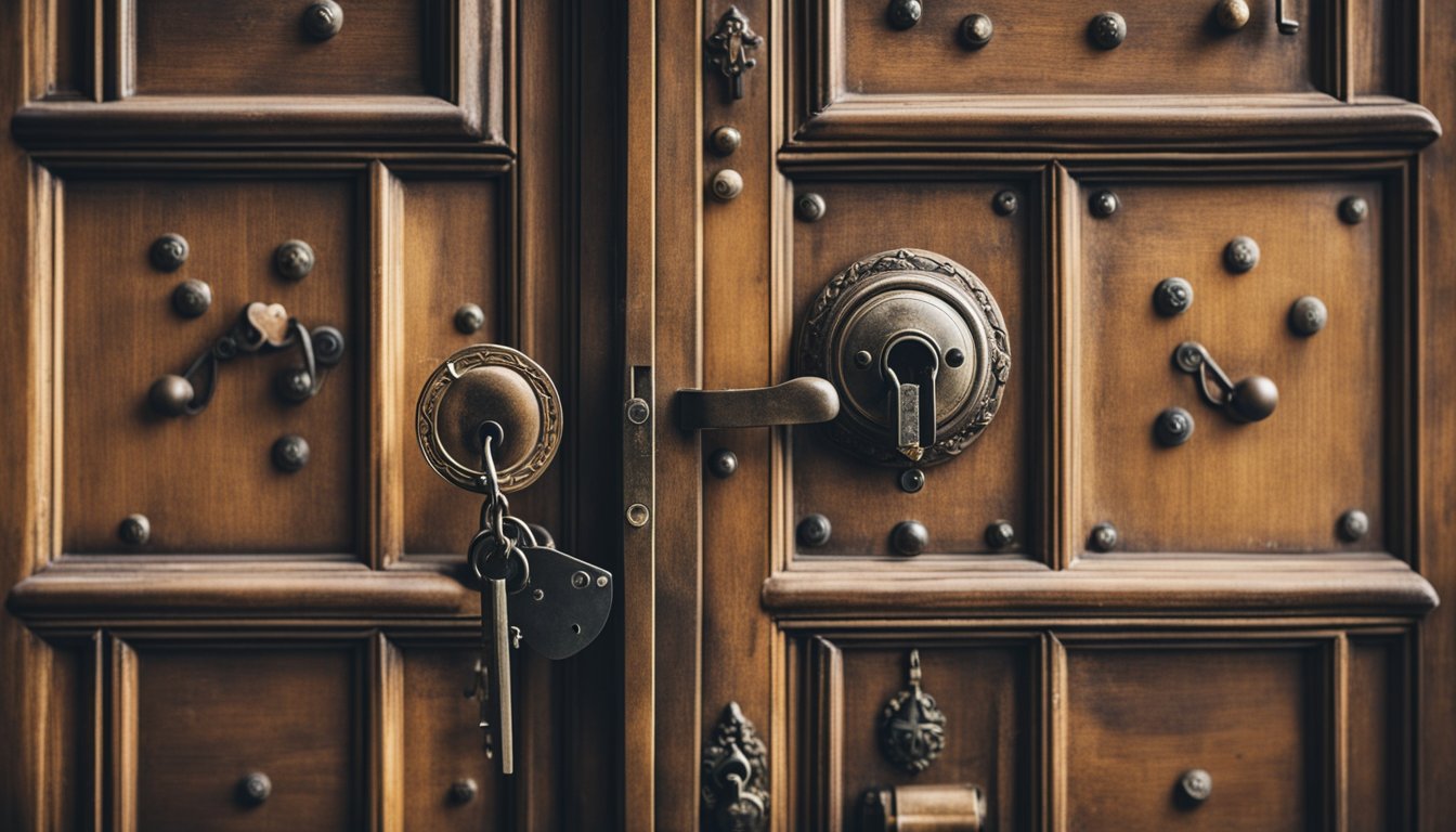 An old-fashioned door with a traditional lock, surrounded by vintage hardware and keys