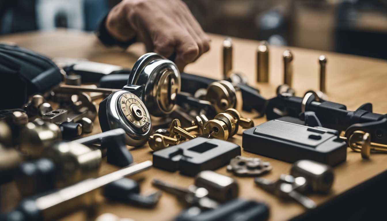 A locksmith working on various types of locks, including padlocks, deadbolts, and electronic locks, while studying for different locksmith certifications