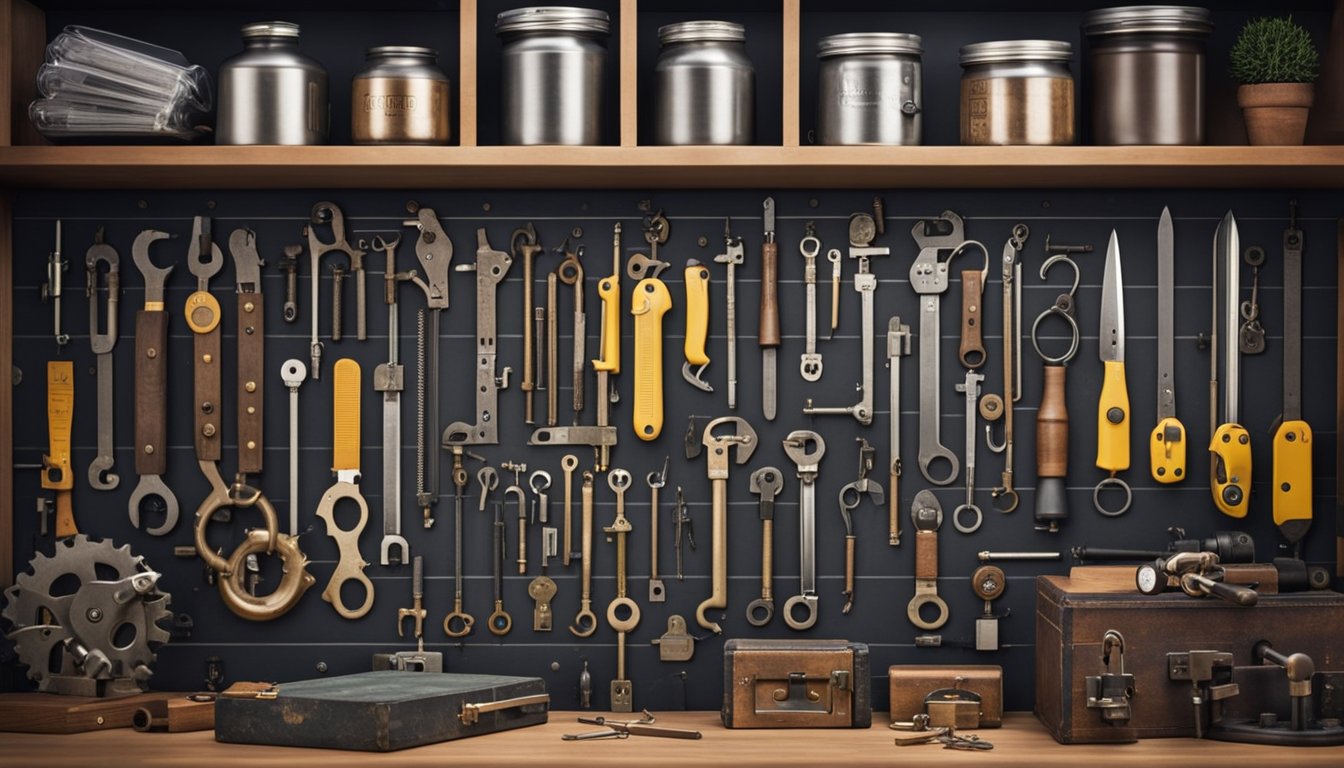 A locksmith's workbench with various tools and locks. Certifications displayed on the wall. A bookshelf with locksmith manuals and reference materials