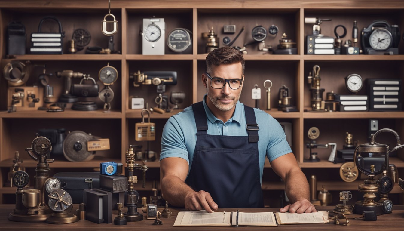 A locksmith surrounded by various certification logos and symbols, with a bookshelf of reference materials in the background