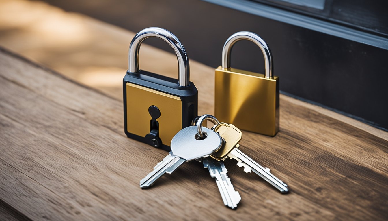 A sturdy lock being installed on a front door, with a set of keys nearby and a toolbox on the ground