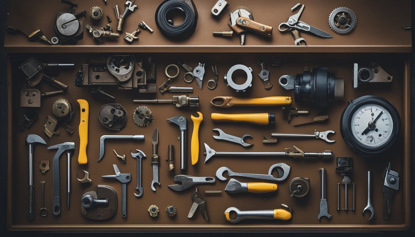 A toolbox with various tools scattered around, a door lock with visible wear, and a person inspecting and maintaining the lock