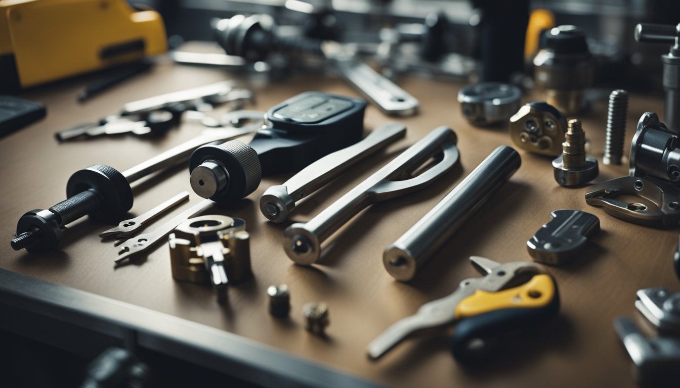 A locksmith carefully examining a commercial door lock with a variety of tools and equipment spread out on a workbench