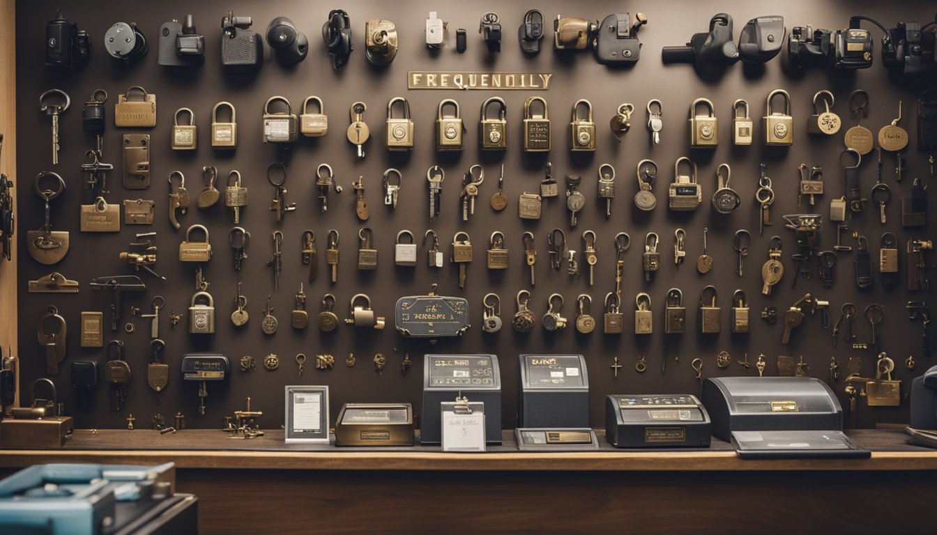 A busy locksmith shop with various locks and keys on display, a customer service desk, and a sign reading "Frequently Asked Questions" on the wall