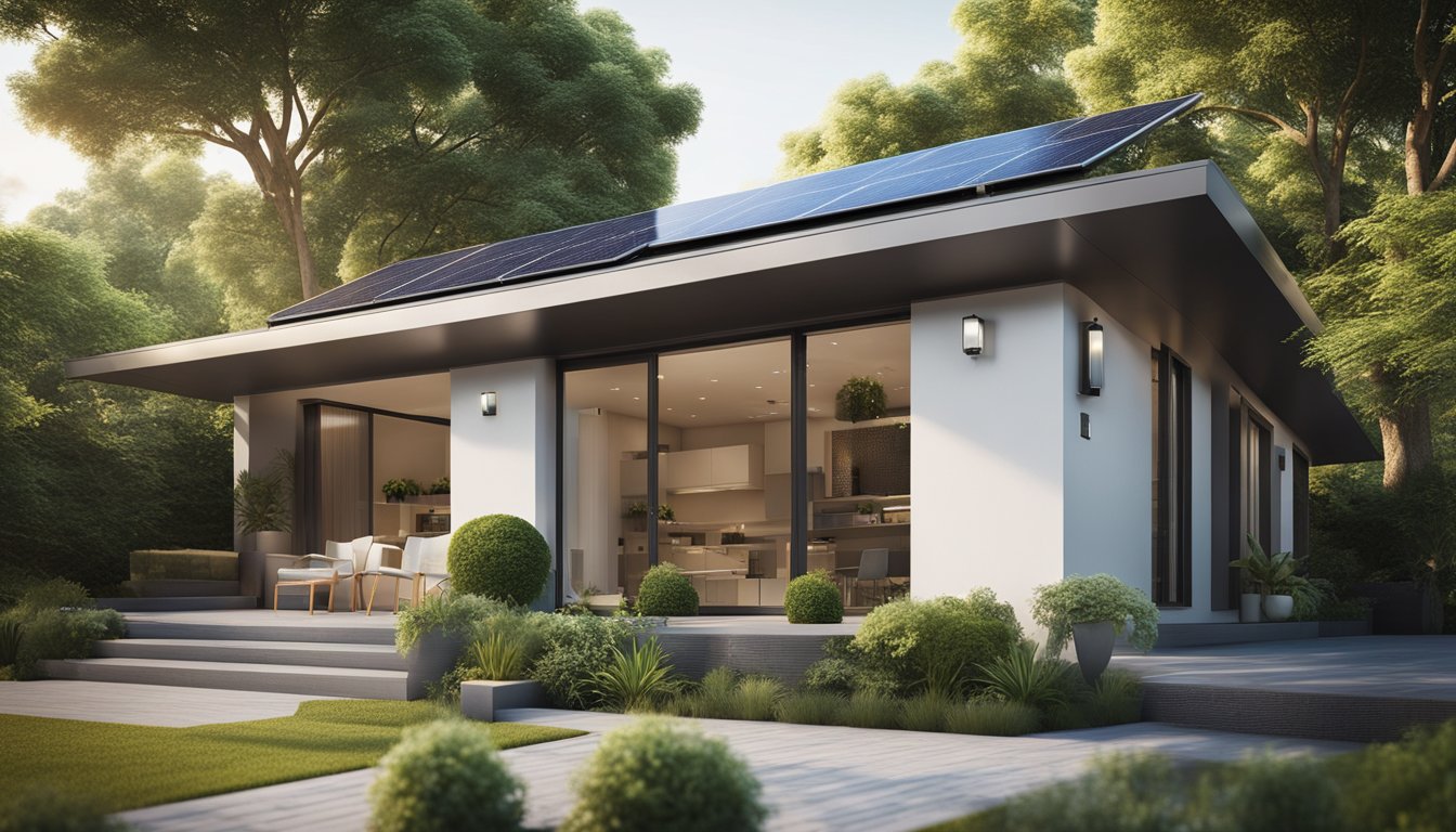 A modern, eco-friendly home with smart security features, solar panels, and lush green landscaping