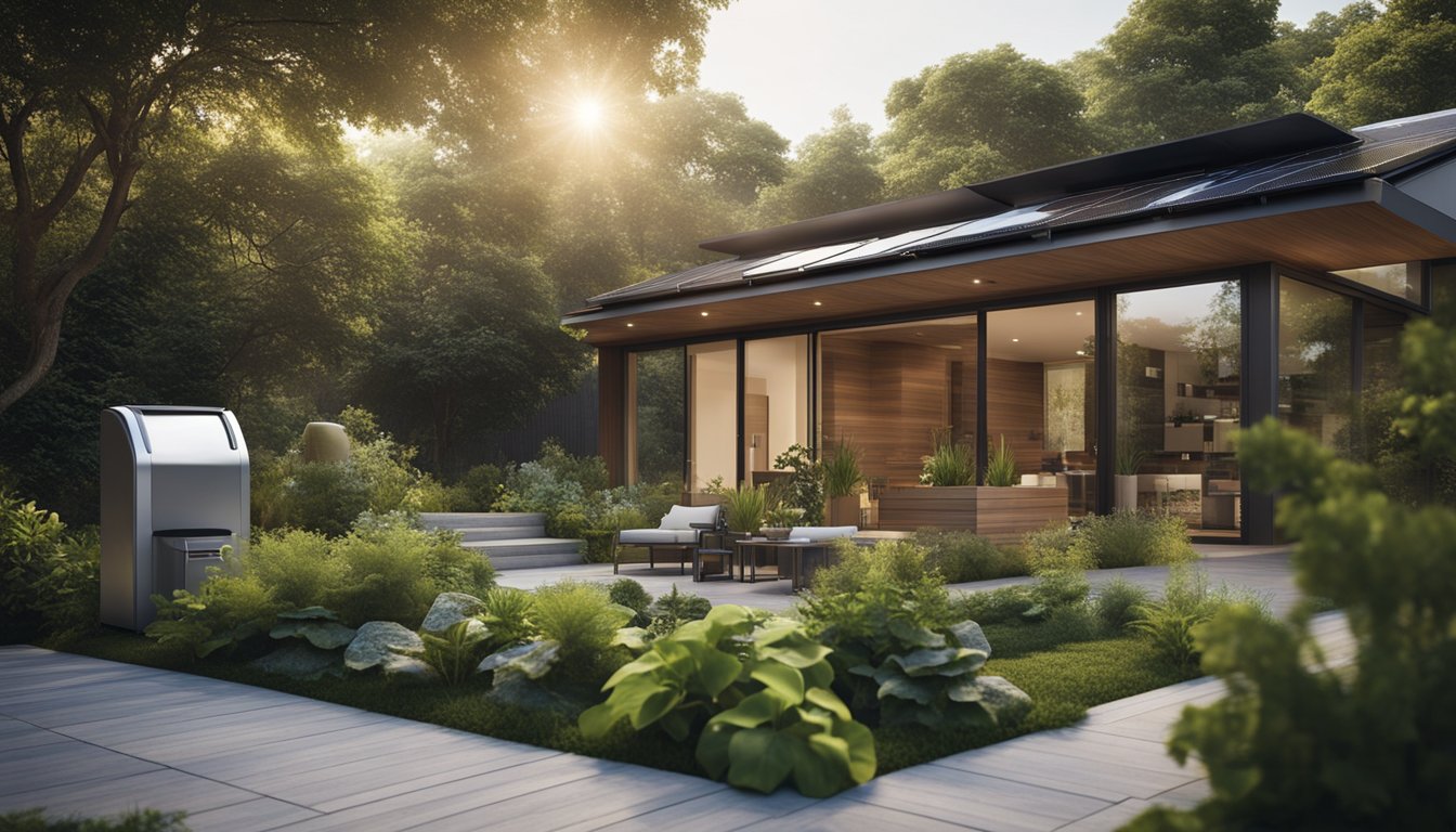 A modern, eco-friendly home with solar panels, rainwater collection system, and energy-efficient appliances. Lush greenery surrounds the house, and a composting bin sits in the backyard