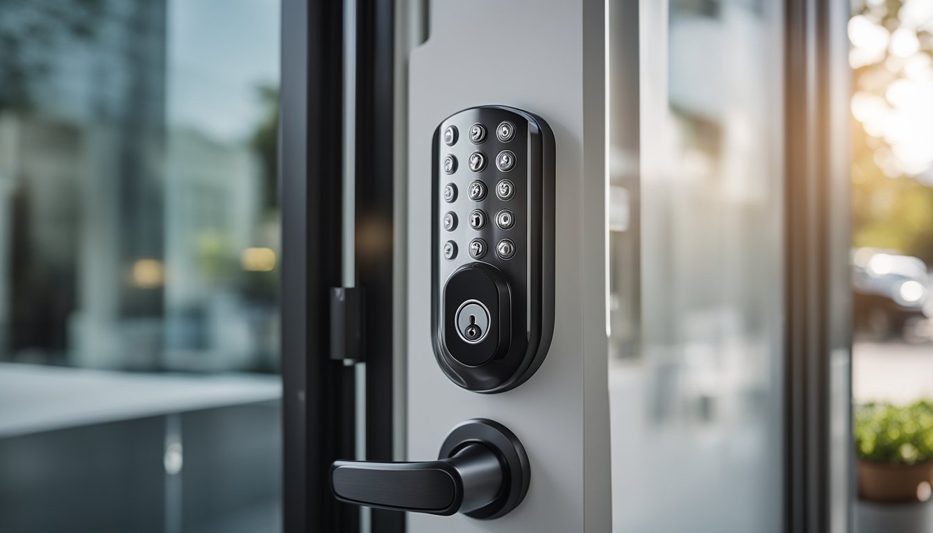 A modern smart door lock being installed on a sleek, contemporary front door of a UK home in 2024