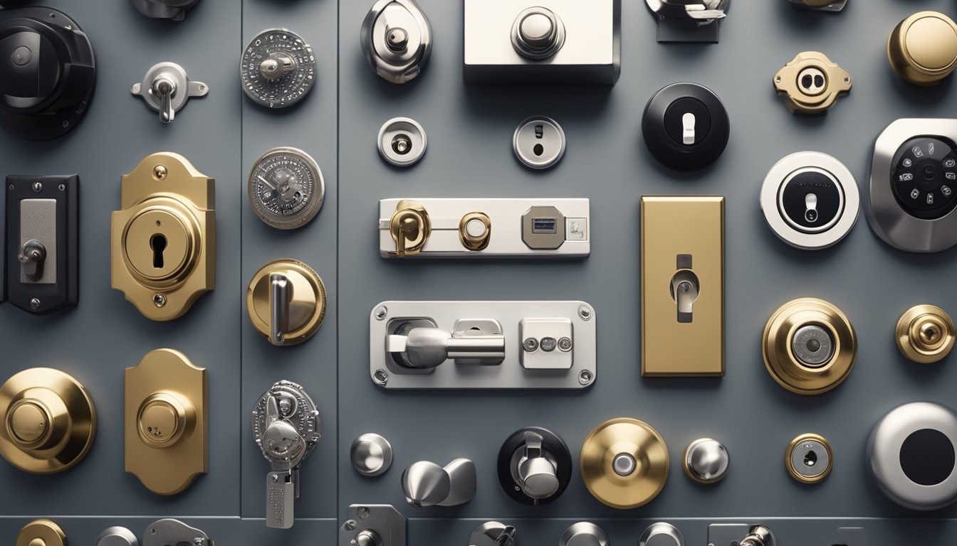 A modern UK home with various types of door locks showcased on a display board, surrounded by futuristic home security gadgets