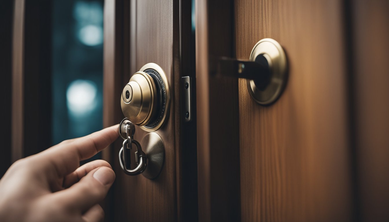 A hand reaching for a doorknob with a lock replacement kit and tools laid out on a nearby table