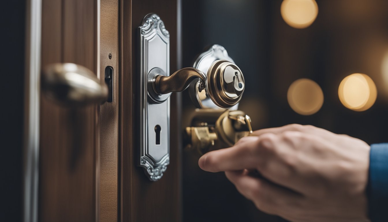 A hand reaching for a doorknob with a new lock in the foreground, a screwdriver and the old lock on a nearby table