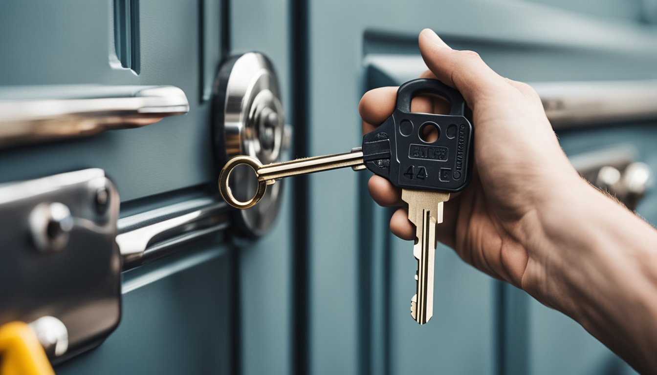 A hand holding a set of keys while inserting a new lock into a door. A toolbox sits nearby with various tools scattered around