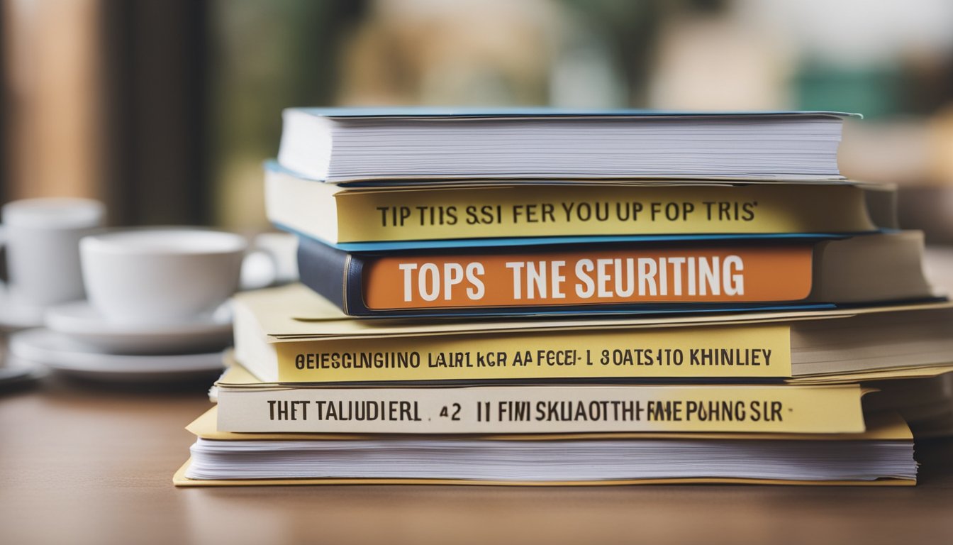 A stack of colorful pamphlets on a table with a headline "Top Tips For Securing Your Flat In The UK" surrounded by question marks and key symbols