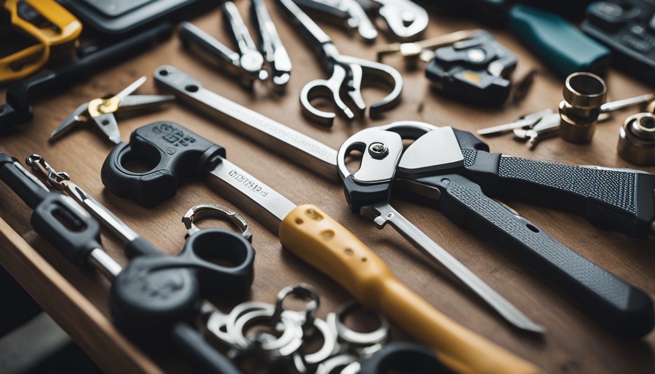 A locksmith carefully selects various tools and equipment from a well-organized workbench before heading out to provide reliable services for flats