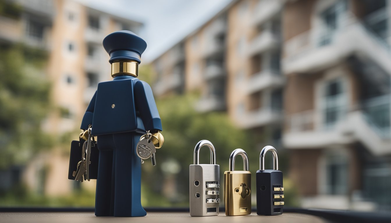 A locksmith standing in front of a row of apartment buildings, with various locks and keys displayed on a table for customers to choose from