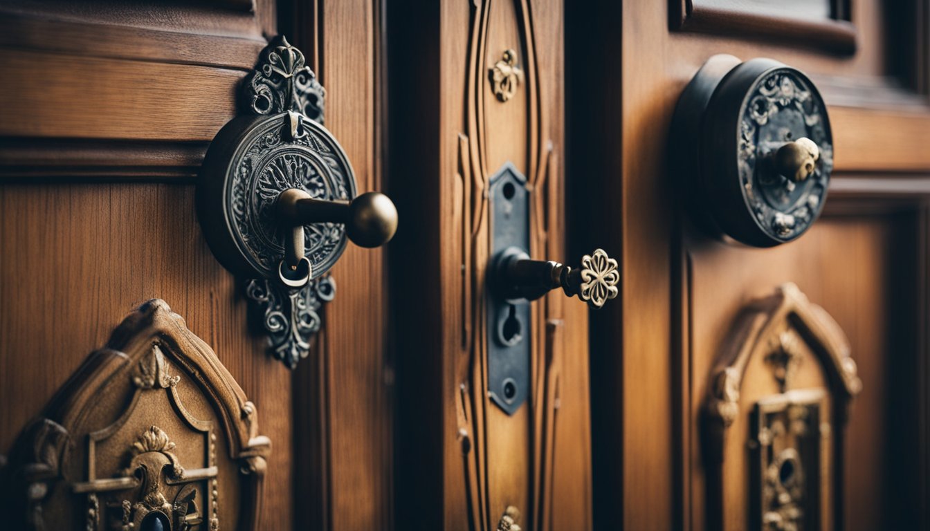 An old-fashioned key turning in a ornate lock on a wooden door in a historic UK home