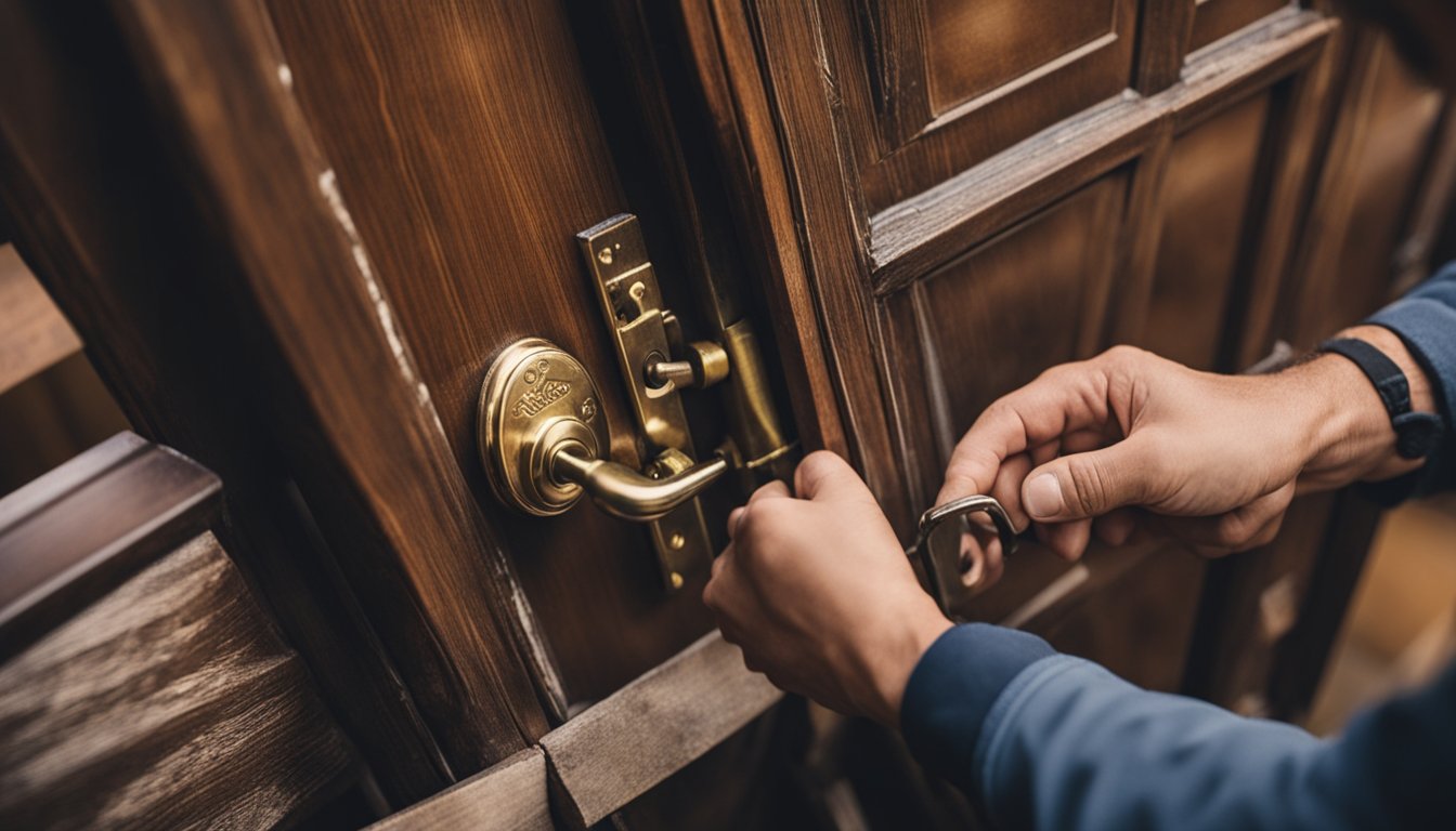 A locksmith carefully customizes a traditional lock to fit the historic wooden door of a charming UK home