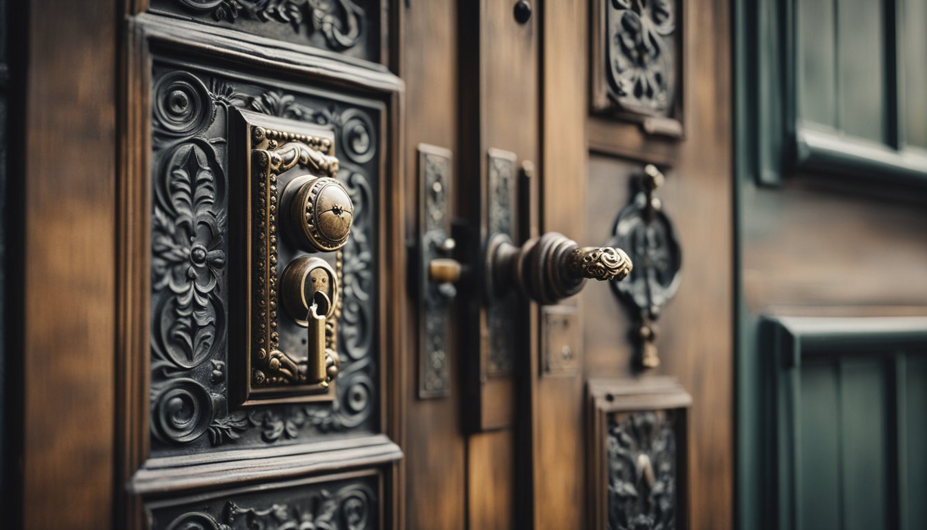 An old, rustic door with an ornate lock and key, set in a historic UK home