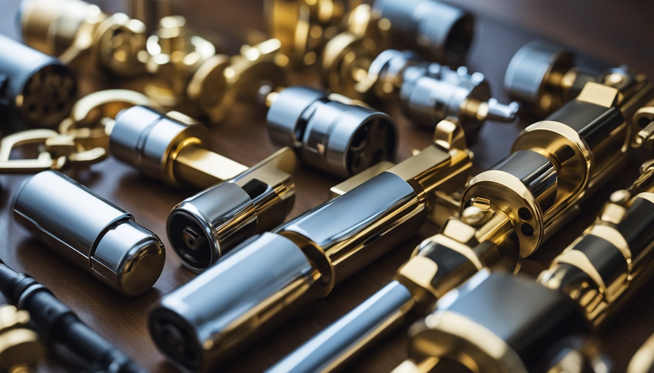 A hand reaching out to select from a variety of lock cylinders displayed on a table, with different sizes, shapes, and styles