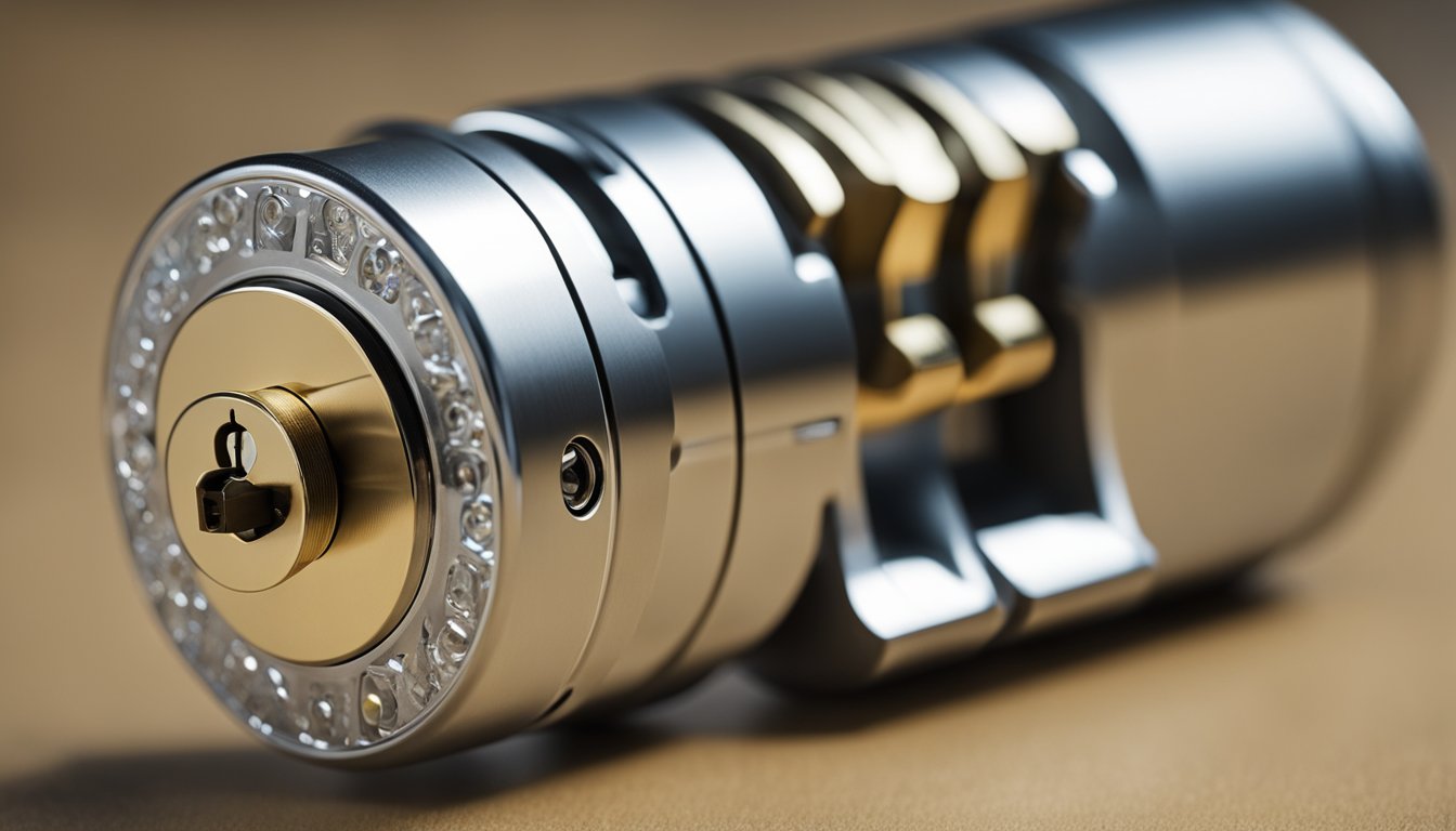 A close-up of a high-security lock cylinder with intricate keyway design and anti-drill, anti-pick features