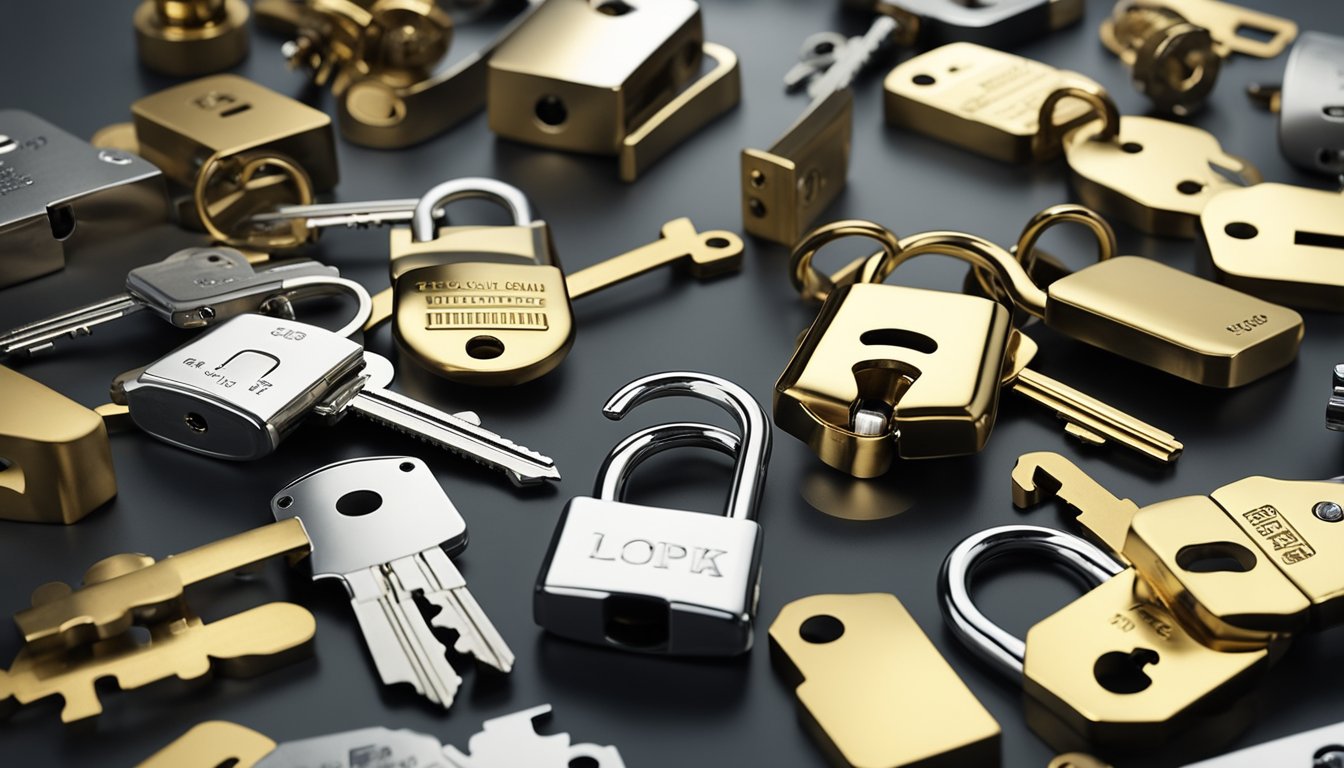 A table with various types of lock cylinders, keys, and door locks, surrounded by a stack of FAQ guides