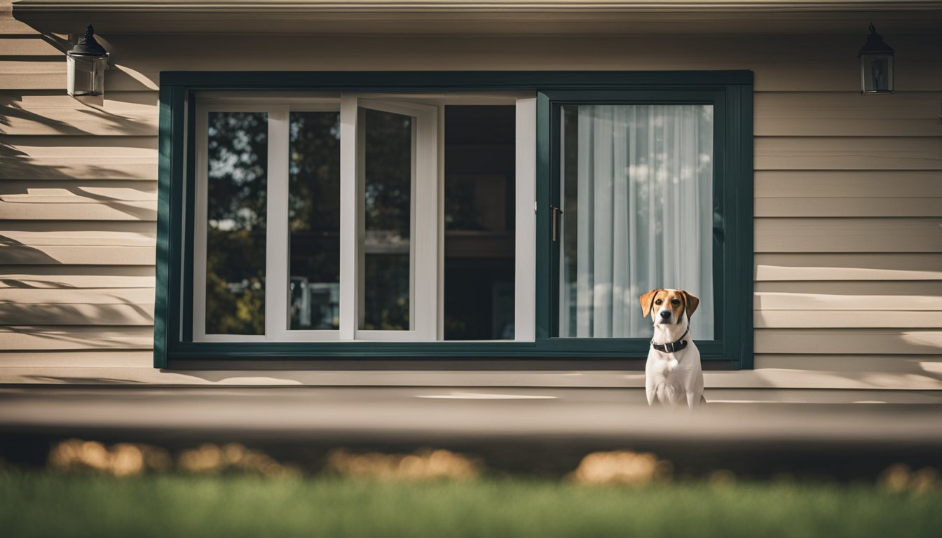 A dog sitting by a window, next to a sign reading "Beware of Dog." The house has a visible security system and a fenced yard