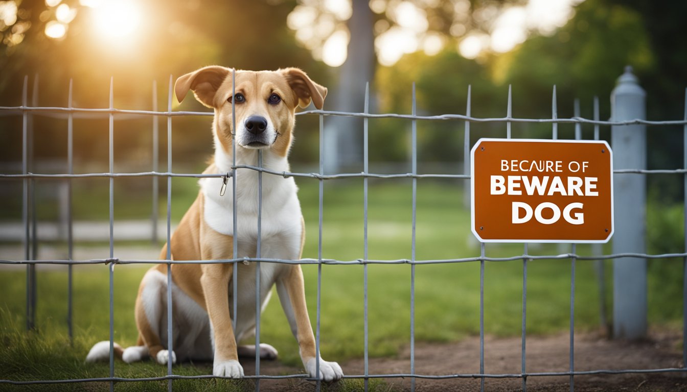 A dog sits in front of a secure fence with a "Beware of Dog" sign. Motion-activated lights illuminate the yard, and a security camera watches over the property