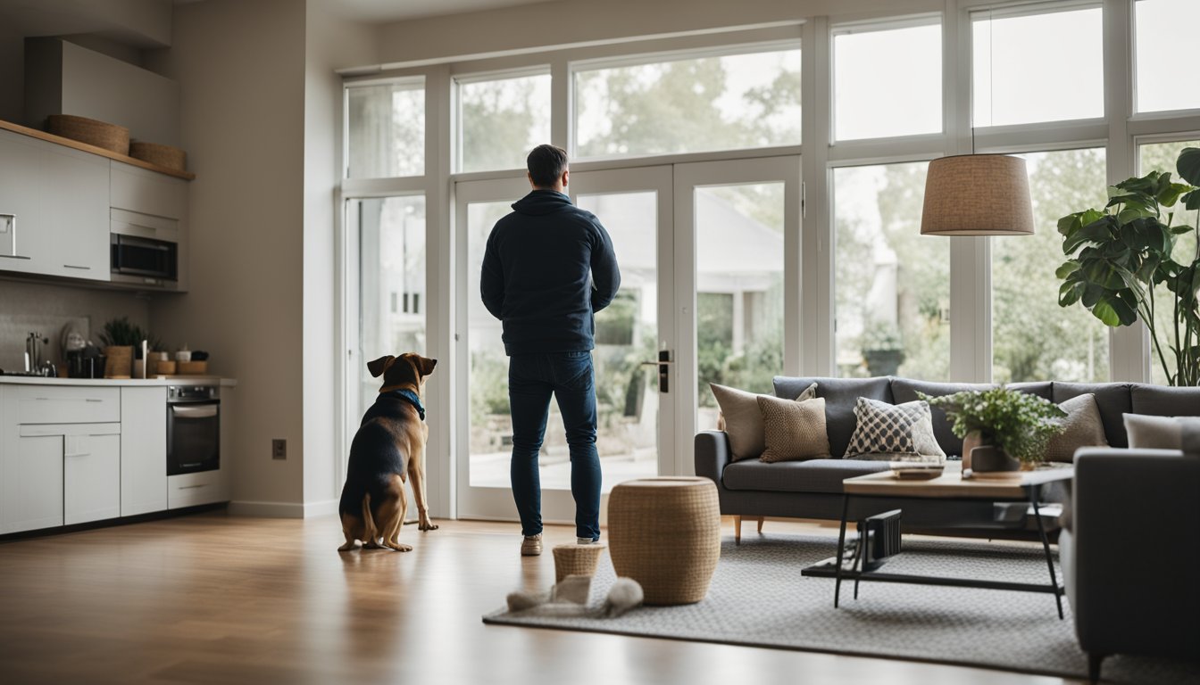 A pet owner setting up security cameras around their home, while their dog watches curiously from the living room