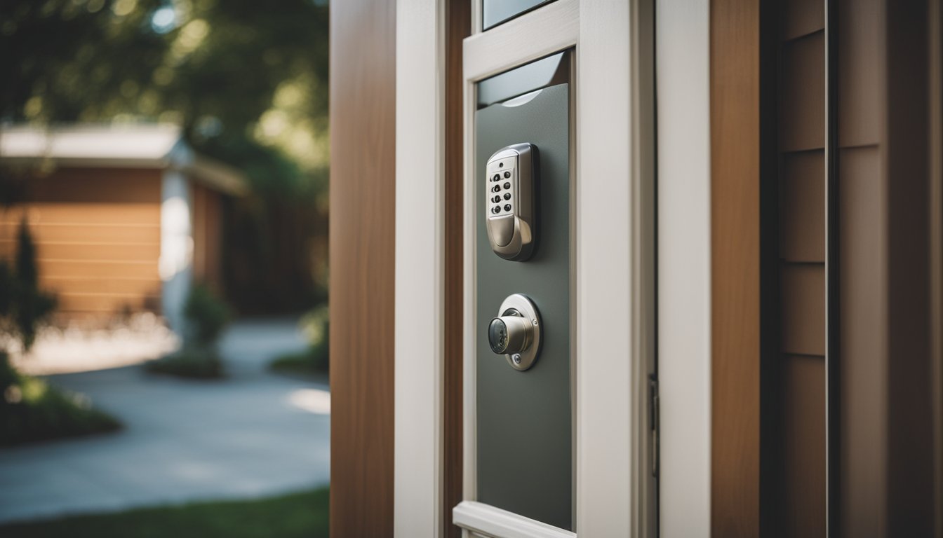 A cozy suburban home with a visible security system, motion sensor lights, and sturdy locks on doors and windows