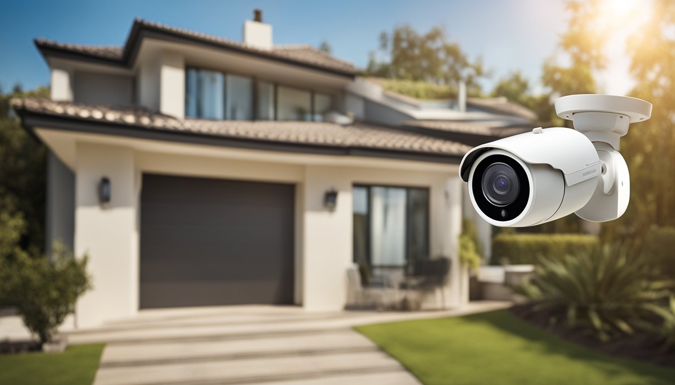 A home with security cameras, motion sensor lights, and smart locks