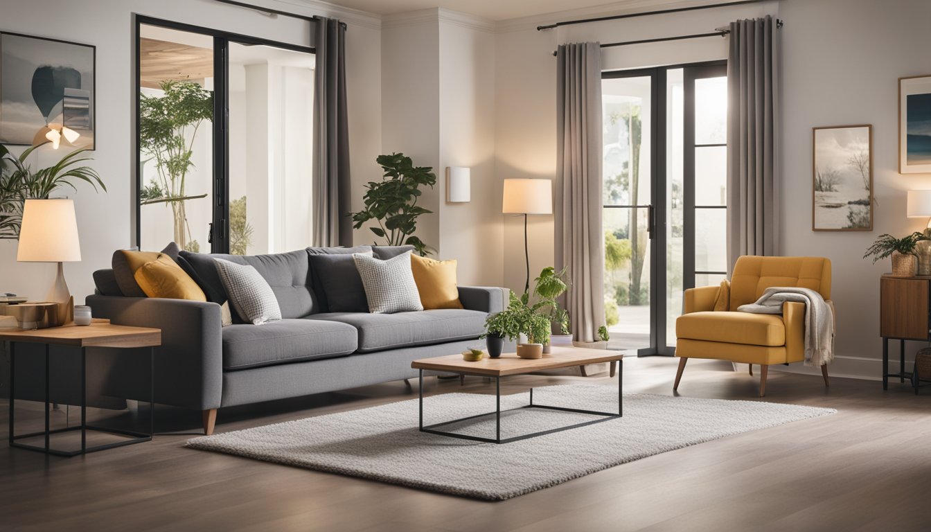 A cozy living room with a family-friendly security system, including door and window sensors, a security camera, and a smart lock on the front door