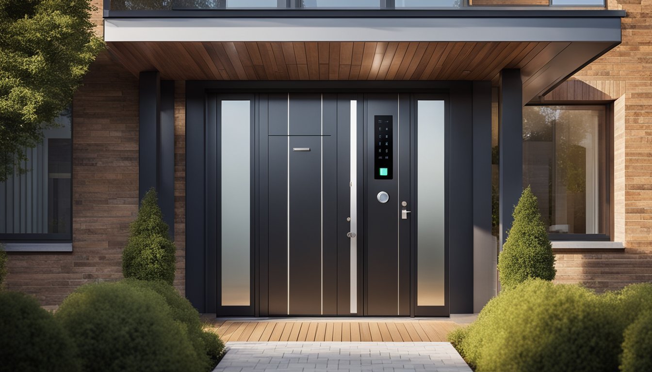 A modern front door with a sleek biometric lock and keypad, set against a contemporary UK home exterior