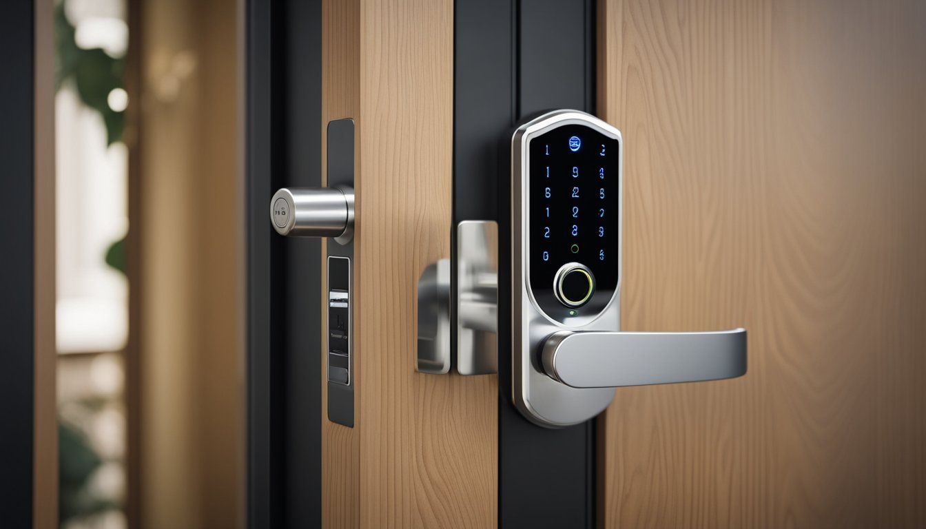 A modern UK home with a smart door lock scanning a fingerprint for entry. The door is part of a larger smart home system