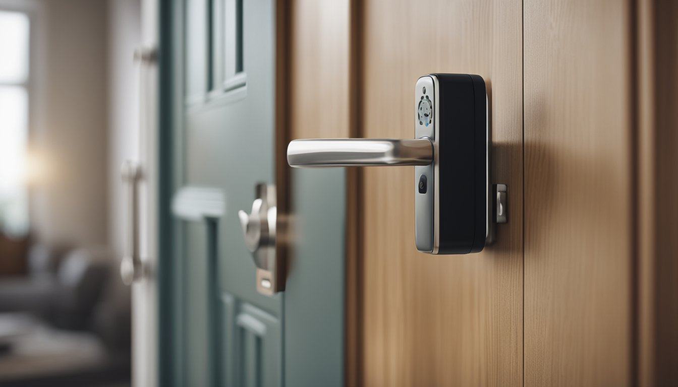 A modern UK home with a biometric door lock installed on the front door, with a person approaching to use their fingerprint to gain entry