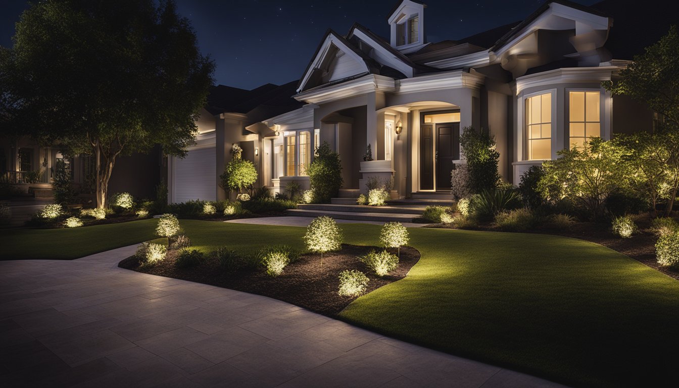 A well-lit front yard at night, with strategically placed outdoor lighting illuminating the house, pathways, and potential entry points, providing an added layer of security