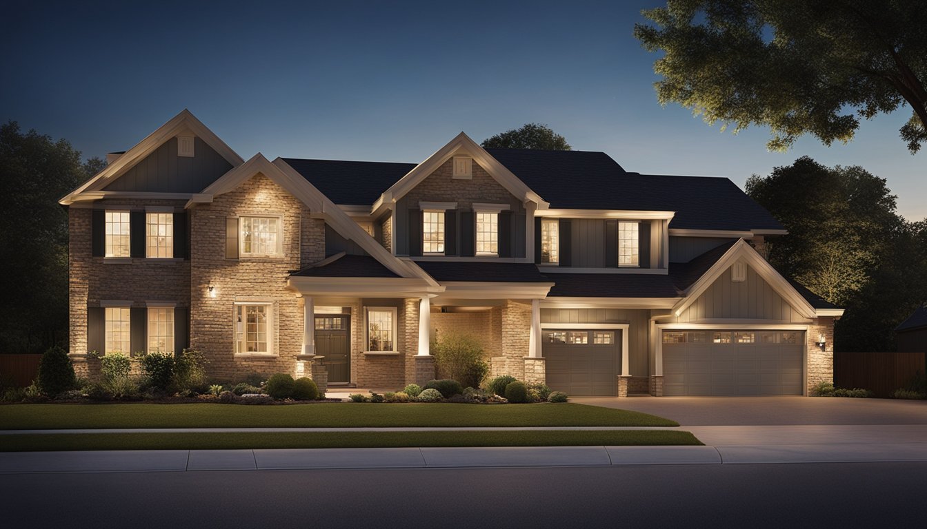 A suburban home at night with strategically placed outdoor lights illuminating the front yard, driveway, and entrances, casting a warm and secure glow