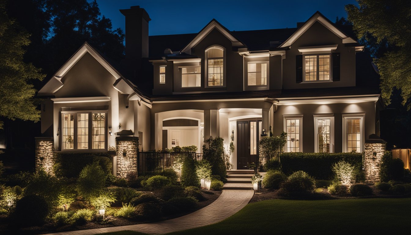 A suburban house at night with strategically placed outdoor lights illuminating the front yard, driveway, and entryways