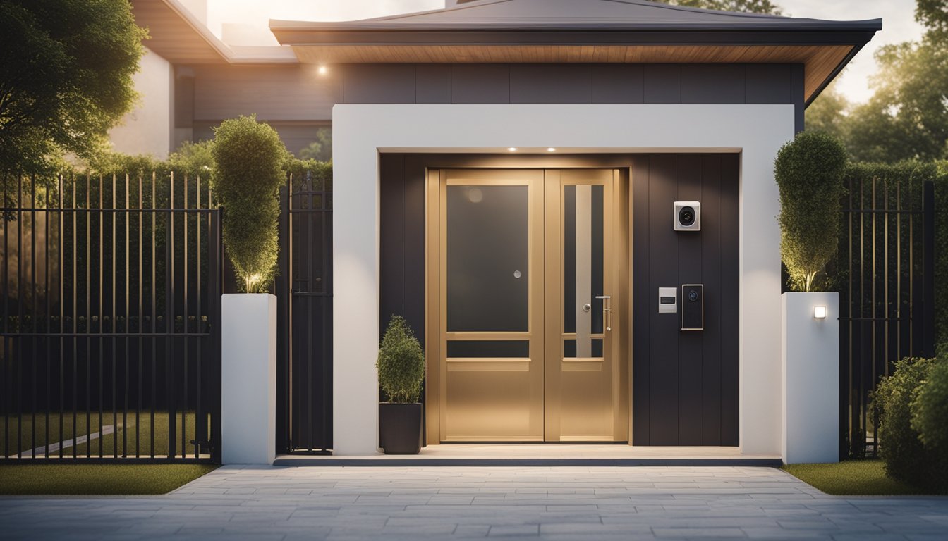 A house with a sturdy front door, security camera, motion sensor lights, and a smart lock on the front gate