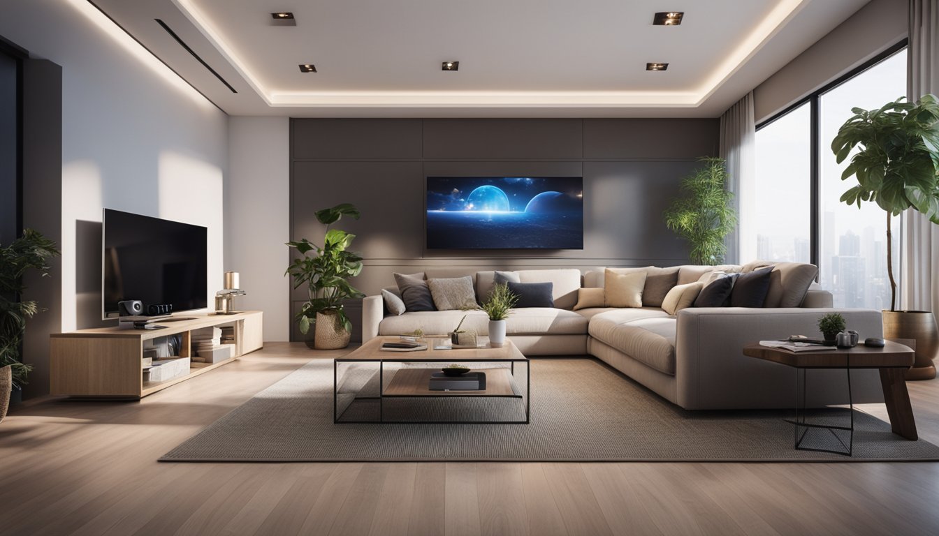 A cozy living room with modern security features, including smart cameras and motion sensors, providing a sense of safety and peace of mind