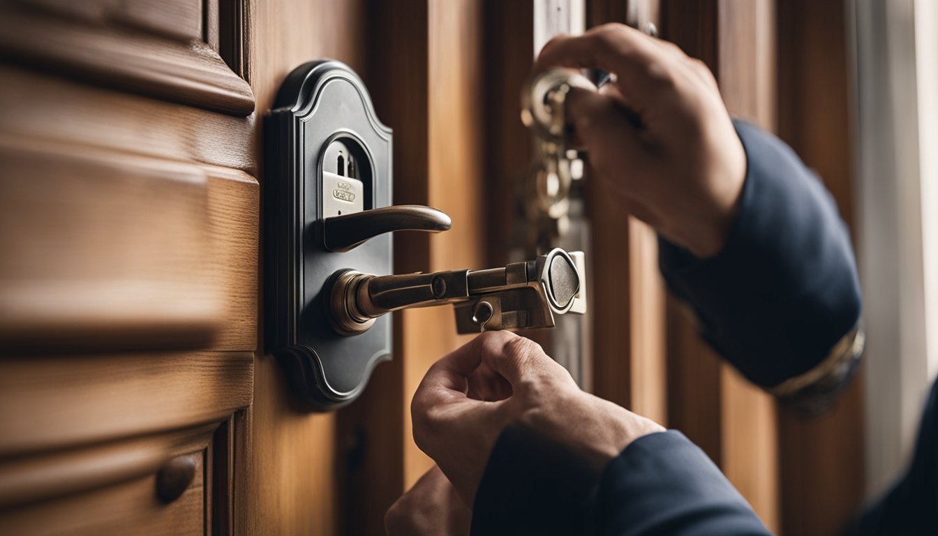 A locksmith carefully installs a modern security lock on the aged wooden door of a historic UK home, blending modern technology with traditional architecture