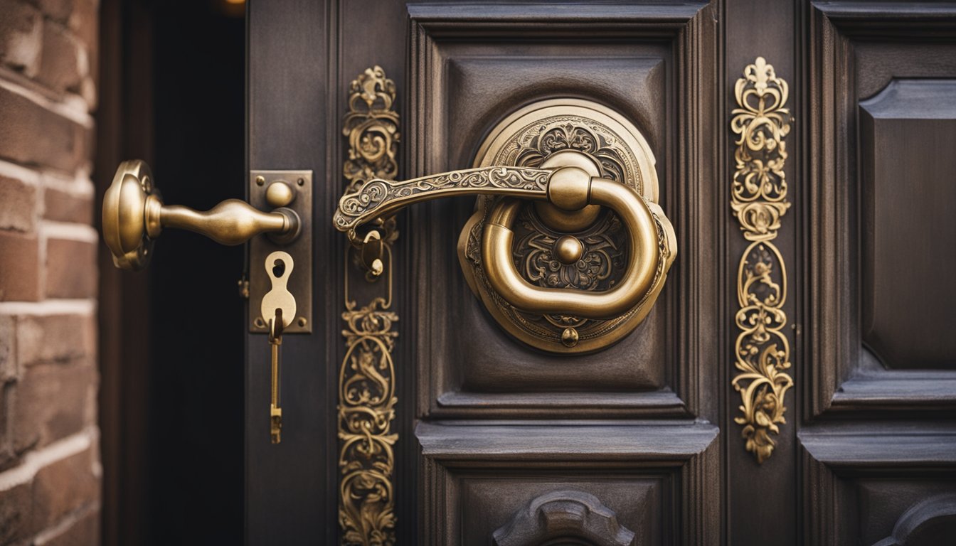 An old, ornate door with a large brass lock being carefully replaced by a locksmith with historic architecture in the background