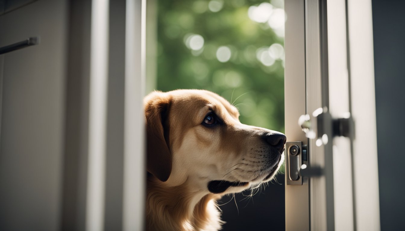 A new homeowner installs a security system, locks doors, and closes blinds at night. A dog barks at a stranger approaching the house