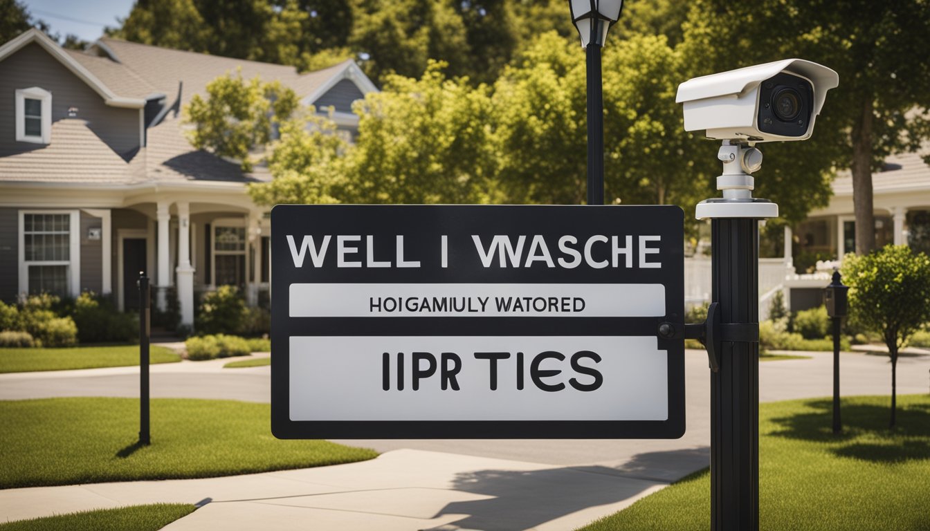 A suburban neighborhood with well-lit homes, fences, and security cameras. A community watch sign is visible, and neighbors are seen exchanging safety tips