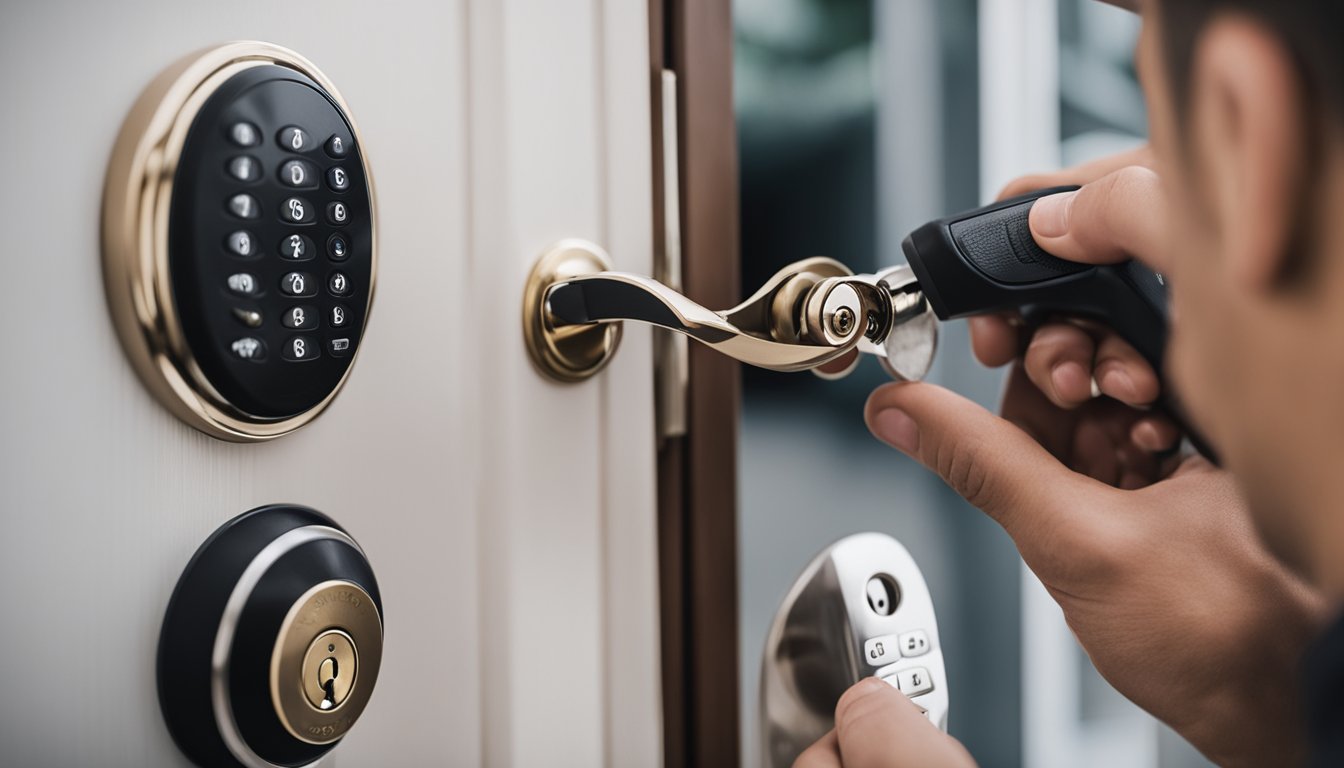 A new homeowner installing a security system, reading FAQs, while a locksmith installs new locks on the doors