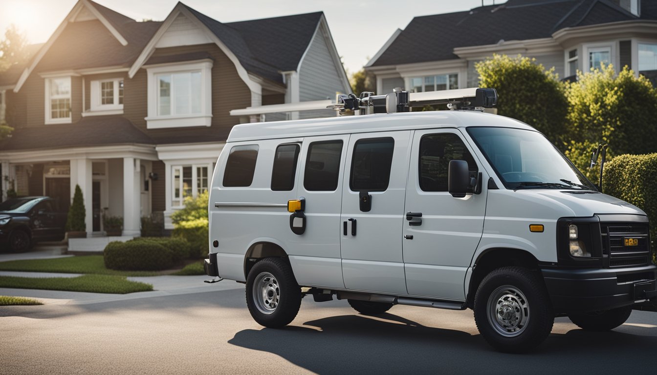 A locksmith van parked in a suburban neighborhood, with tools and a key cutting machine visible through the open side door